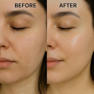 May include: A split-screen image shows a side-by-side comparison of a person's face. The left side, labeled "BEFORE," displays visible pores and uneven skin tone. The right side, labeled "AFTER," shows smoother, more radiant skin.