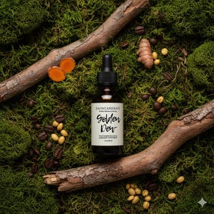 以下が含まれることがあります： 「Golden Dew」とラベルされた、ドロッパー付きの茶色のガラス瓶が、緑色の苔の上に置かれています。木の枝、コーヒー豆、ウコンに囲まれています。このボトルにはフェイシャルセラムが入っています。ラベルには「SKINCAREBAE」とも書かれています。