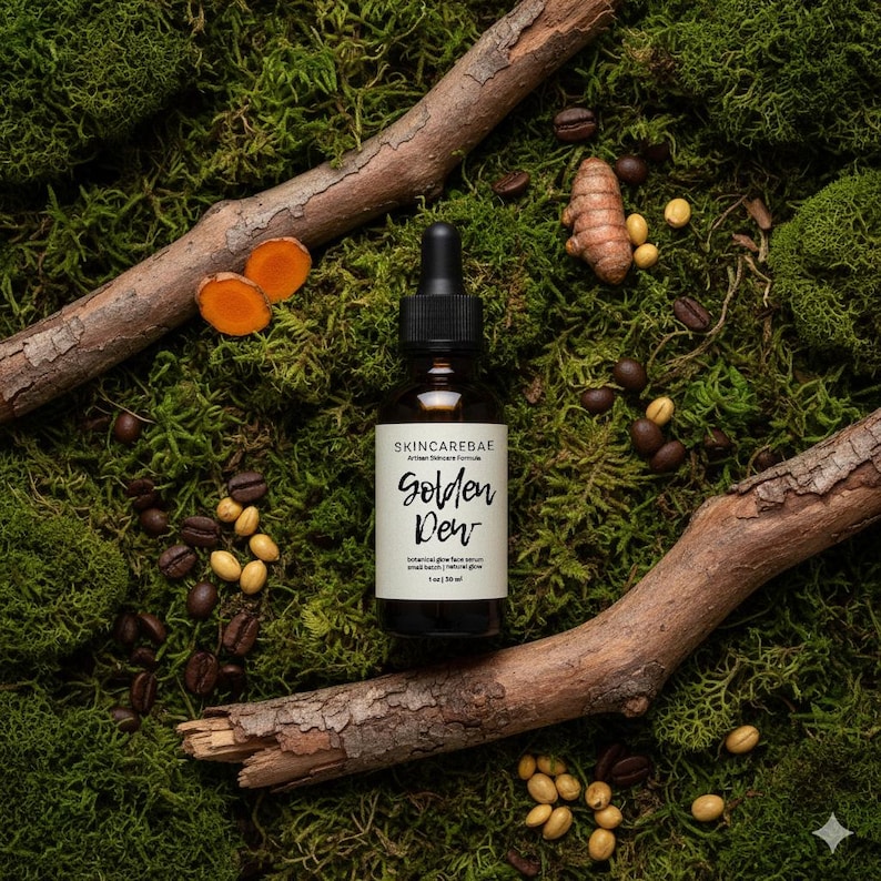 May include: A brown glass bottle with a dropper, labeled "Golden Dew," sits on a bed of green moss, surrounded by wooden twigs, coffee beans, and turmeric. The bottle contains a face serum. The label also reads "SKINCAREBAE".