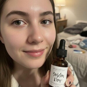 May include: A brown glass bottle with a black dropper, labeled "SKINCAREBAE Golden Dew." The label also mentions a botanical glow face serum and collagen infusion. The bottle is held in front of a person.