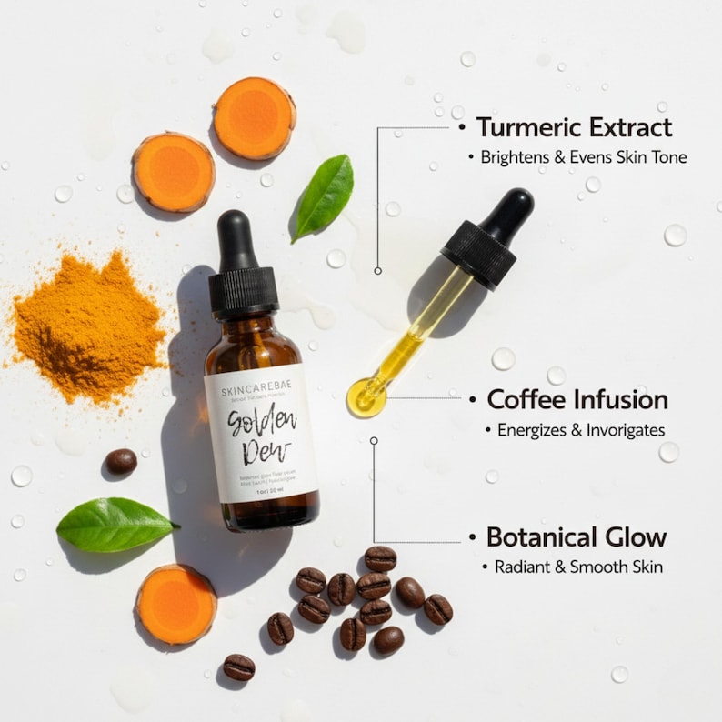 May include: A skincare product bottle labeled "Golden Dew" with a dropper, turmeric slices, coffee beans, and a leaf. The text highlights "Turmeric Extract," "Coffee Infusion," and "Botanical Glow" for radiant skin.