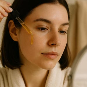 May include: A woman applying a golden-colored serum to her face with a dropper. The serum is dripping down her cheek. She is wearing a white robe.