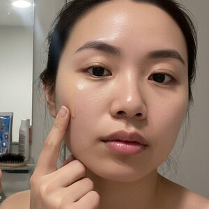 May include: A person applying a liquid cosmetic product to their face. The product is a light beige color and is being applied with a finger. The person is in a well-lit bathroom with a mirror in the background.