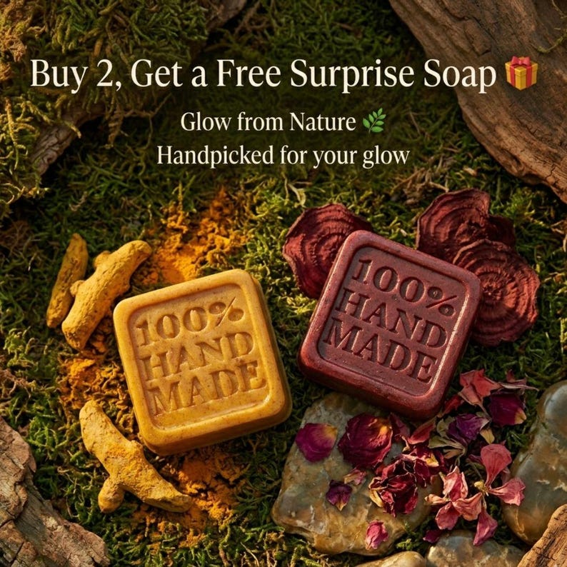 May include: Two square soaps with the text "100% HAND MADE" are displayed on a bed of moss. One soap is yellow, the other is reddish-brown. The image includes turmeric roots, dried flowers, and the text "Buy 2, Get a Free Surprise Soap."