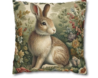 Floral Woodland Rabbit Pillow Cover, Unique Woodland Rabbit Themed Throw Pillow, Rabbit Lover Gift, Zippered Home Accent Pillow Cover