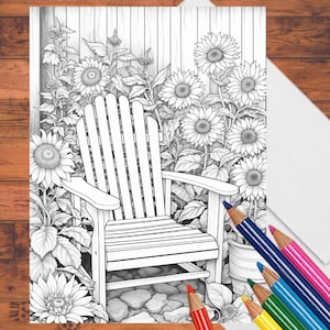May include: A black and white line drawing of a wooden adirondack chair surrounded by sunflowers. The chair is sitting on a stone path in a garden.
