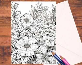 Floral Coloring Cards Set: Garden Flowers DIY Greeting Cards Kit with Envelopes