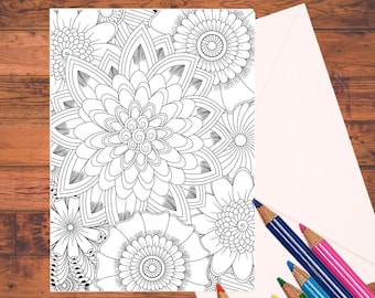 Doodle Flower Coloring Cards Set: 5x7 DIY Greeting Cards with Envelopes
