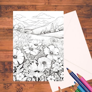 May include: A black and white line drawing of a mountain landscape with a field of flowers in the foreground. The flowers are detailed and include various types of blooms.