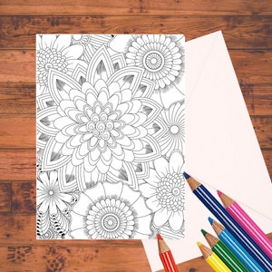 Doodle Flowers Coloring Cards 5&quot; x 7&quot; Stationary Set Adult Coloring Cards, w/ Sentiments, Scalloped Mats, & Envelopes DIY Greeting Cards