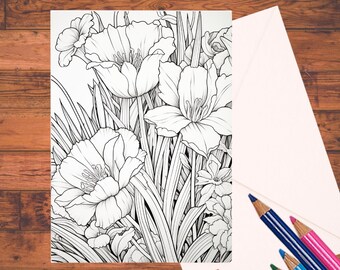 Floral Coloring Cards Set: Garden Flowers, DIY Greeting Cards (5x7) with Envelopes
