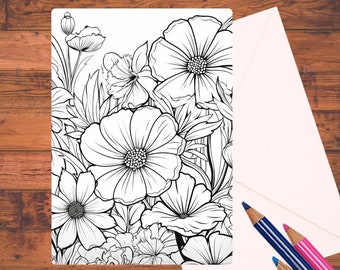 Floral Coloring Cards Set: Garden Flowers, DIY Greeting Cards Kit with Envelopes