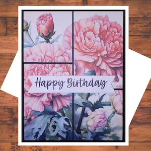 May include: A greeting card with a collage of pink peonies and the text "Happy Birthday".