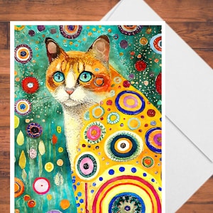 May include: A colorful painting of a cat with blue eyes. The cat is surrounded by a background of circles and swirls in shades of yellow, green, blue, red, and pink.
