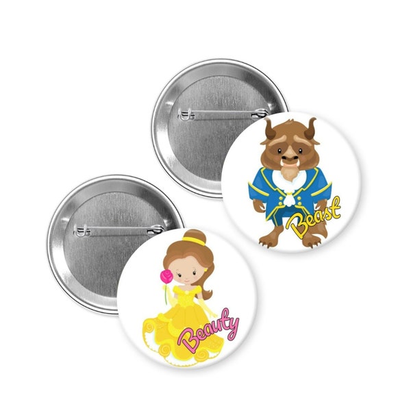 Beauty and the Beast Gender Reveal Pins, Party Favors, Boy Girl, Baby Shower Decorations, Pin Back Buttons, Pin Sizes: 1-3/4"or 2-1/4"