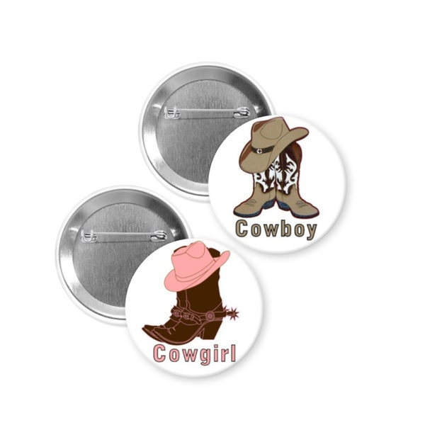 Cowboy Cowgirl, Gender Reveal Pins, Boots, Western, Hat, Gender Reveal Party Favors, Boy,Girl, Baby Shower Decorations, Pin Back Buttons