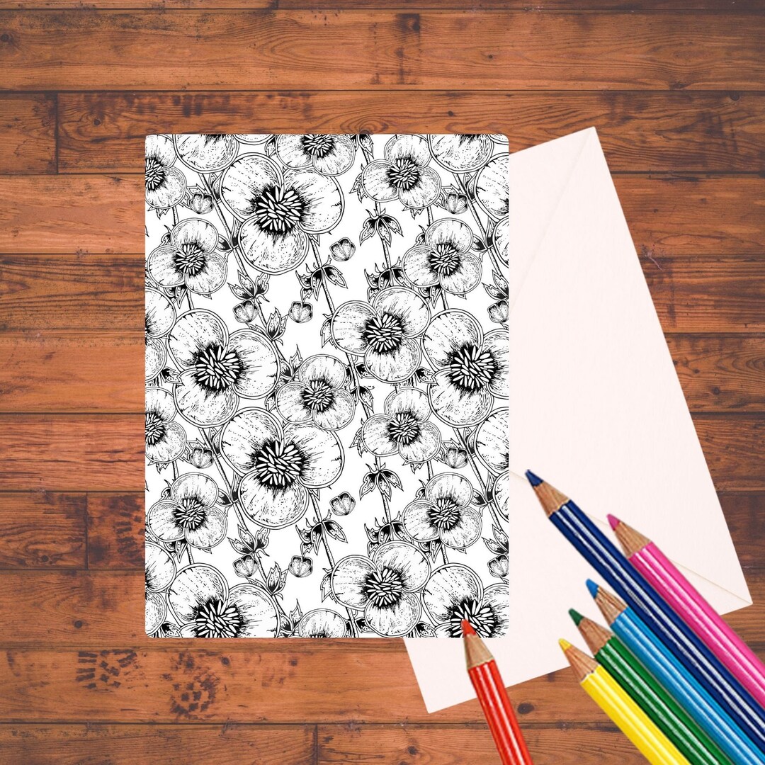 Set of 8 Floral Coloring Cards, 5 X 7, Stationary Set, Adult Coloring