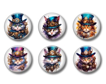 Steampunk Cat Magnets: Whimsical Refrigerator Magnets, Set of 6