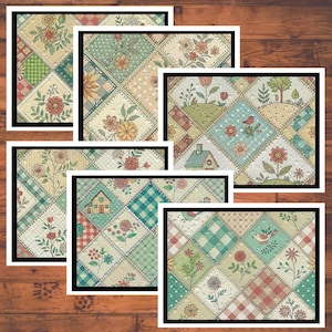 May include: A collection of framed art prints featuring a patchwork quilt design. Each print showcases a unique combination of floral patterns, gingham, and other decorative elements in soft pastel colors. The overall theme is a cozy, country aesthetic.