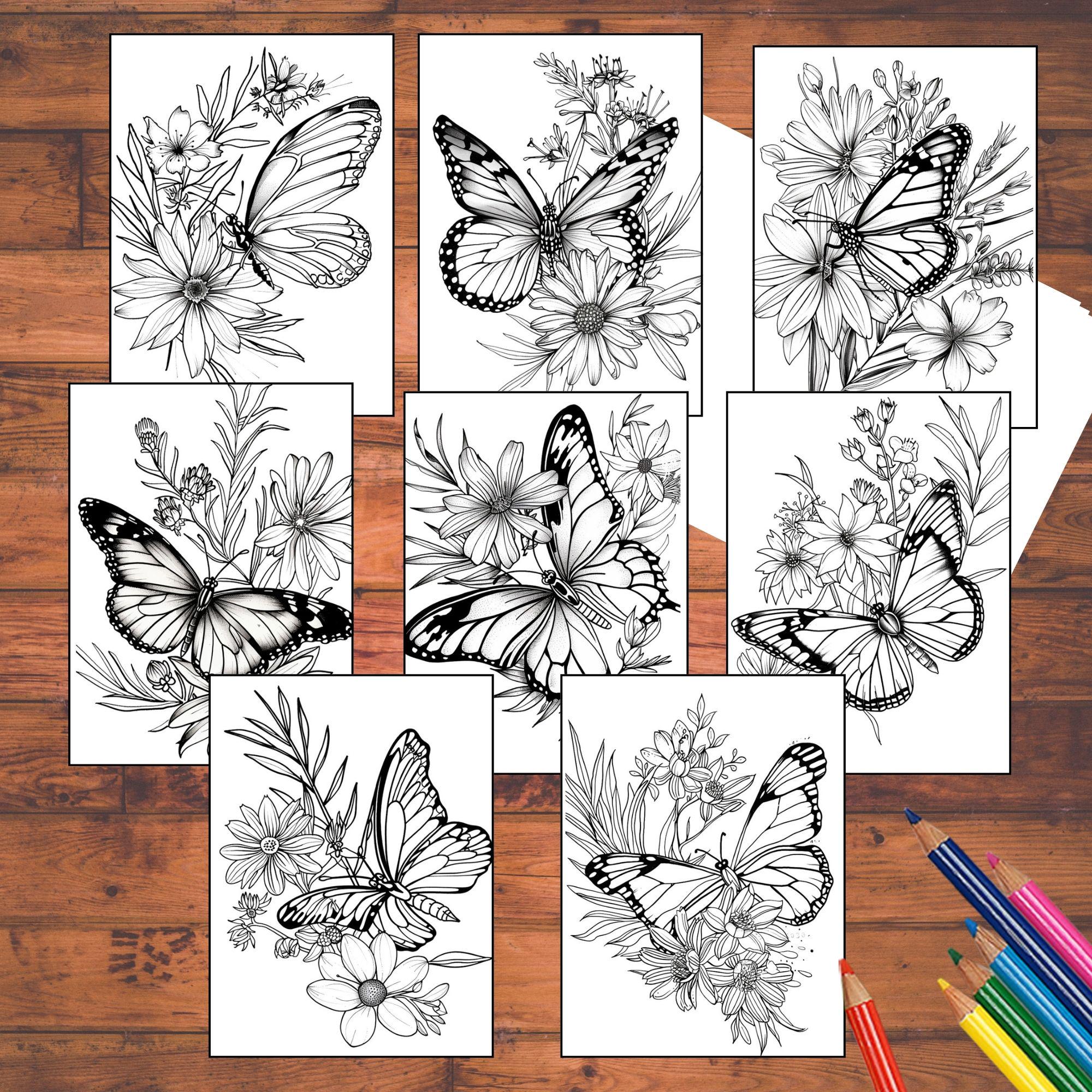 Butterfly Flowers Coloring Cards: DIY Greeting Card Kit With Envelopes ...