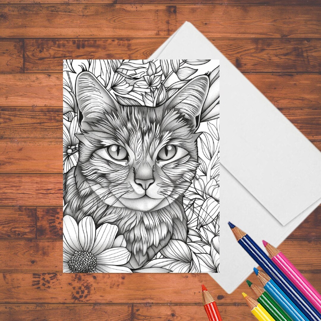 Cat in Flower Garden Coloring Cards: DIY 5 X7 Greeting Card Kit With ...