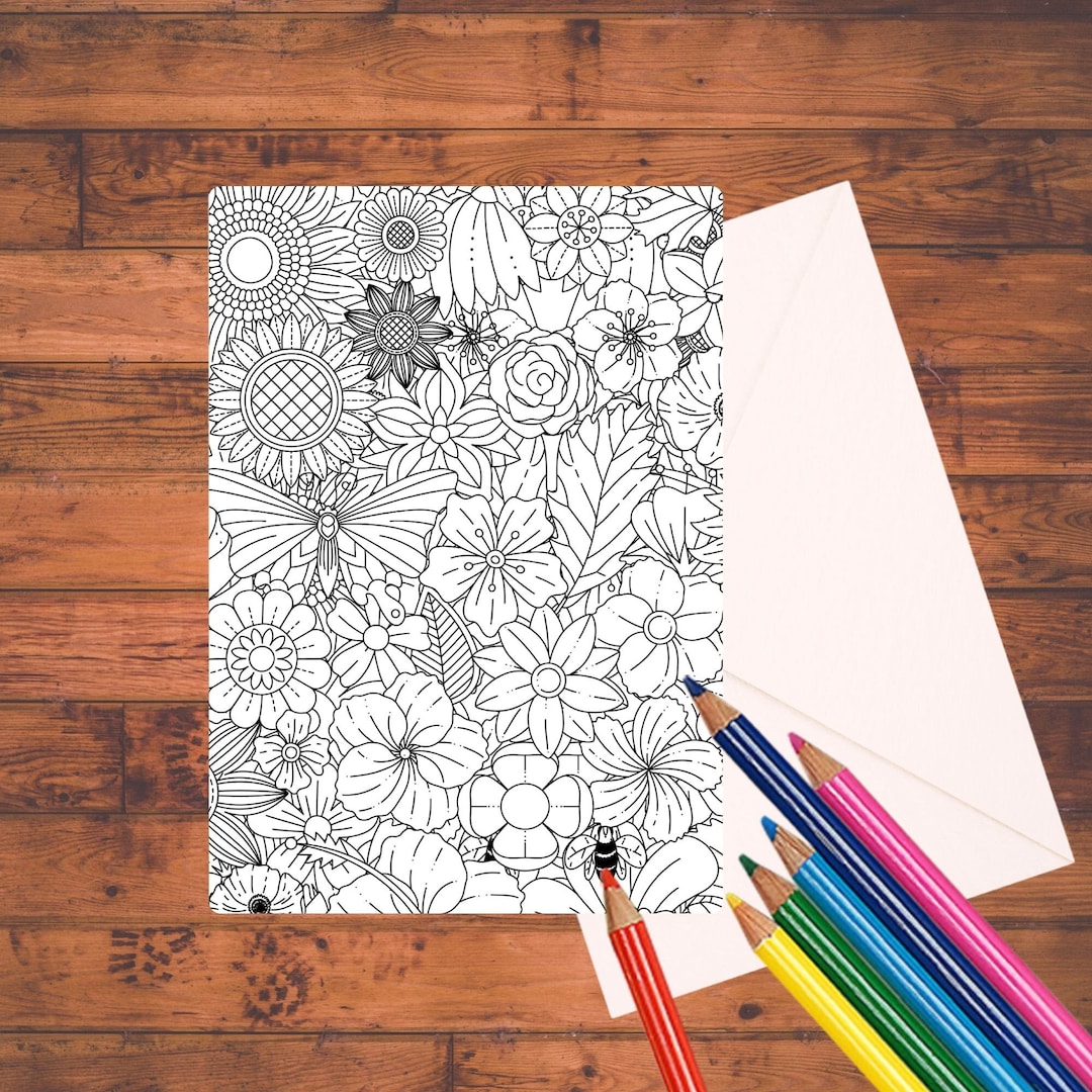 Set of 8 Floral Coloring Cards, 5" X 7", Stationary Set, Adult Coloring ...