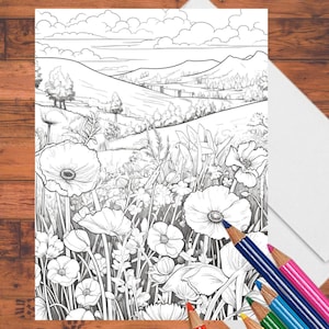 May include: A black and white line drawing of a landscape with a field of flowers in the foreground. The flowers are poppies and other wildflowers. The background shows a distant mountain range and a river.
