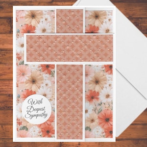 May include: A sympathy card with a floral design featuring peach, white, and orange flowers. The card has a textured peach-colored background with a geometric pattern. The text "With Deepest Sympathy" is in a white circle.
