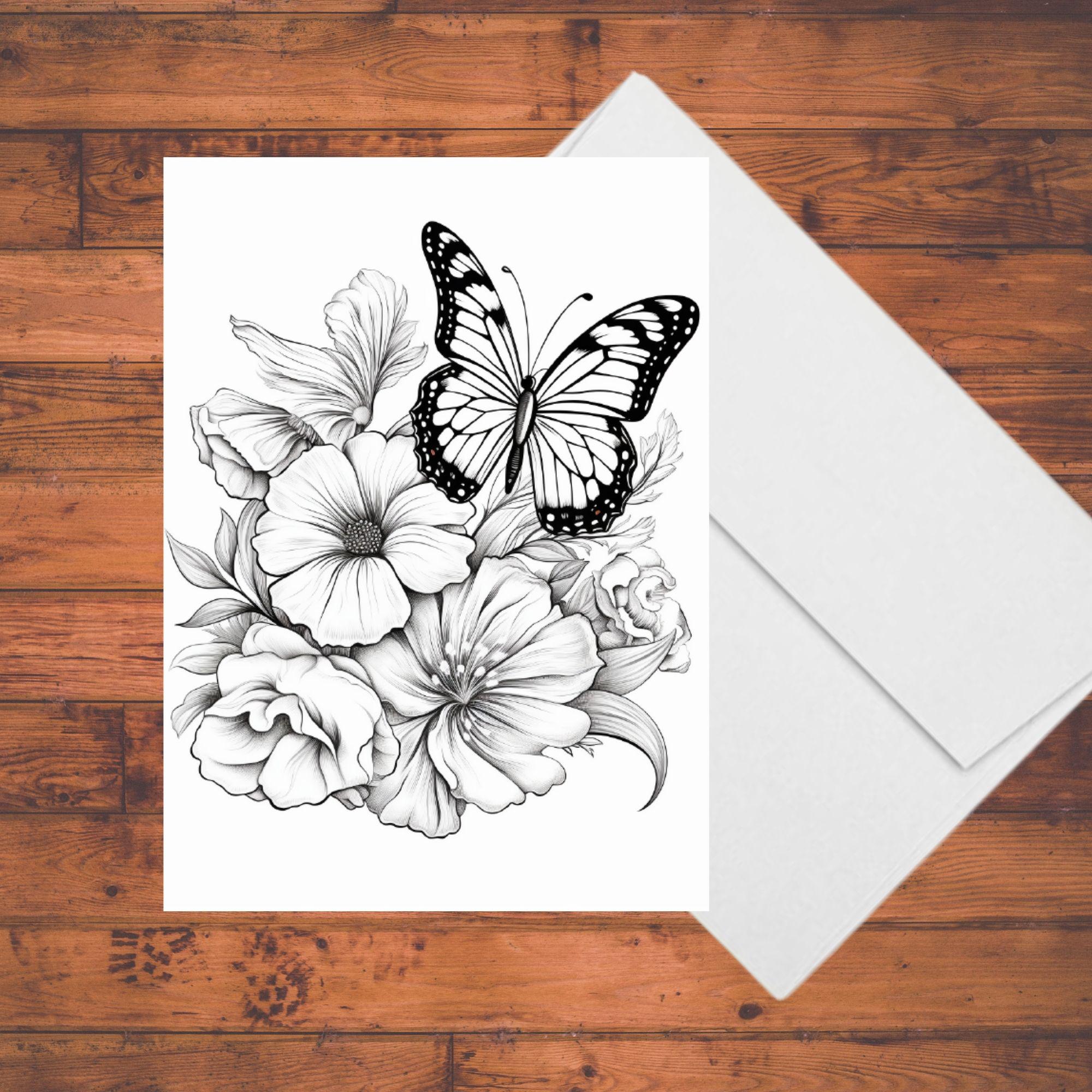 Butterfly Garden Coloring Card Pages: DIY Greeting Card Kit (set of 8 ...
