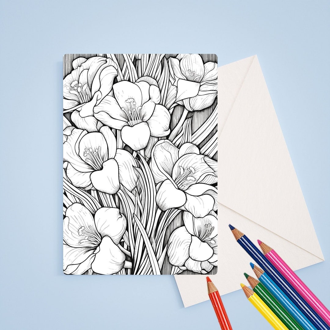 Floral Coloring Cards, 5 X 7, Stationary Set, Adult Coloring Cards With