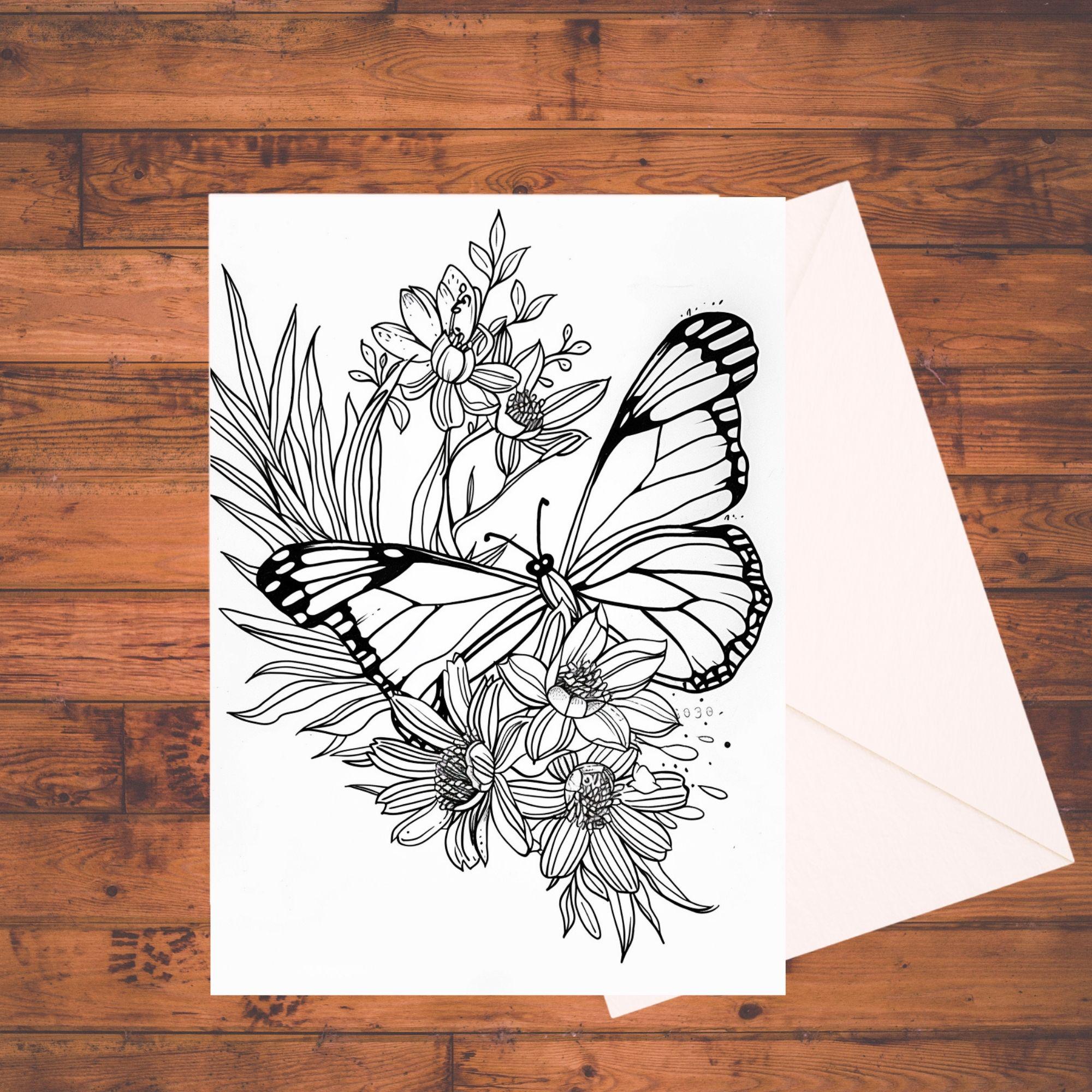 Butterfly Flowers Coloring Cards: DIY Greeting Card Kit With Envelopes ...