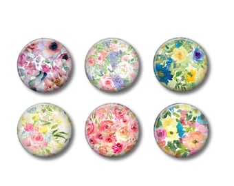 1-1/2" Beautiful Watercolor Flowers Refrigerator Fridge Magnets, Whiteboard Floral Magnets, Rose Magnets, Set of 6 Magnets, Low-cost Gift