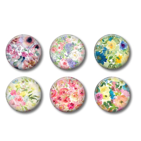 1-1/2" Beautiful Watercolor Flowers Refrigerator Fridge Magnets, Whiteboard Floral Magnets, Rose Magnets, Set of 6 Magnets, Low-cost Gift