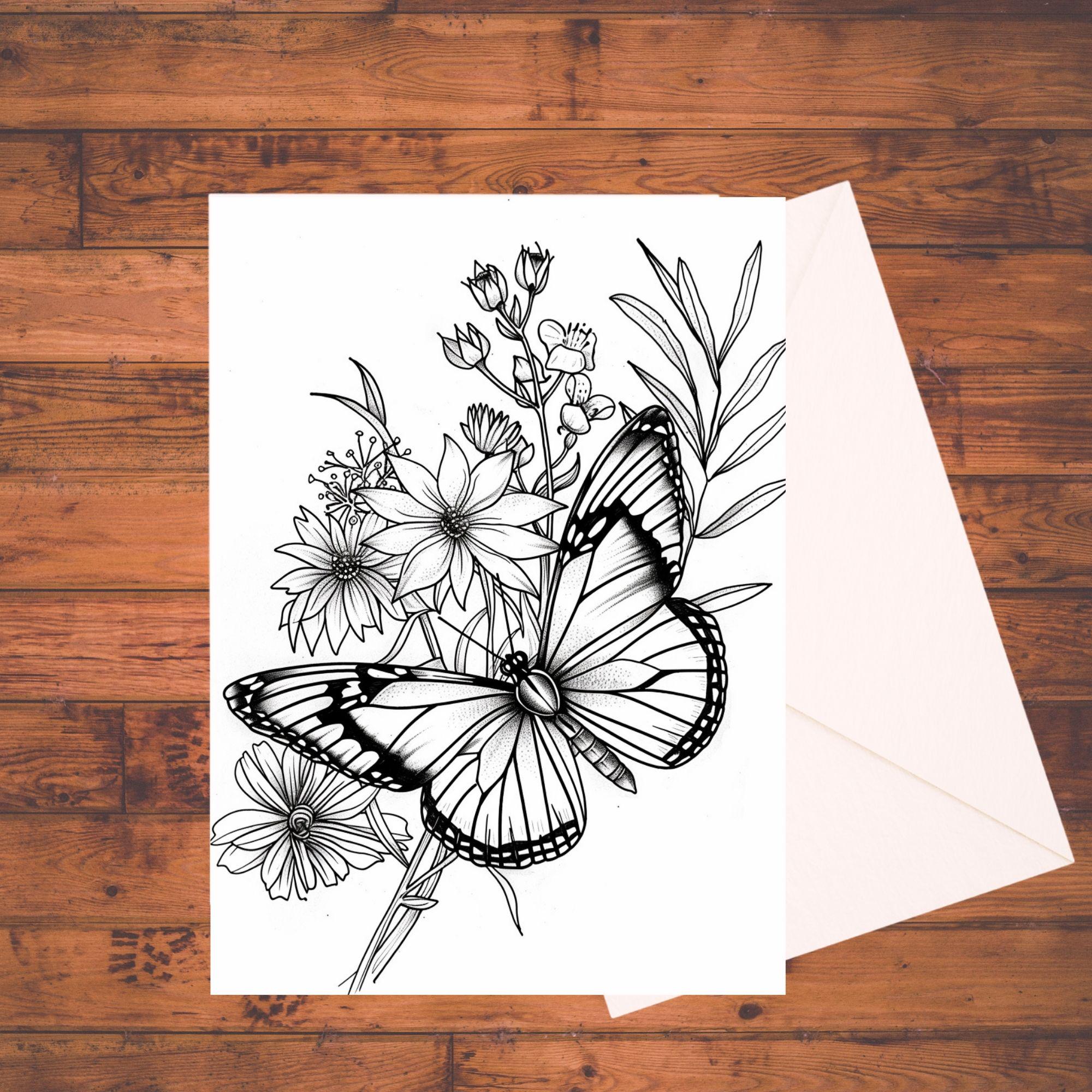 Butterfly Flowers Coloring Cards: DIY Greeting Card Kit With Envelopes ...