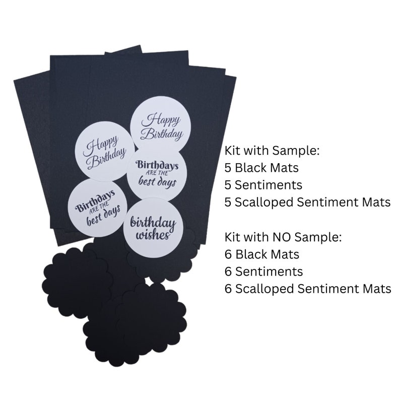 May include: A craft kit for making birthday cards includes black cardstock mats, scalloped mats, and sentiment circles with birthday greetings. The kit is available with or without a sample card.