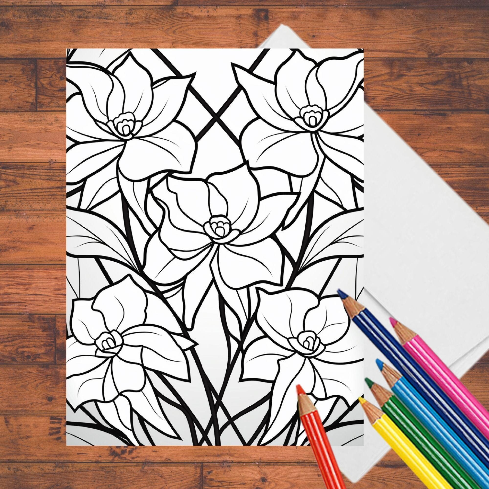 Stained Glass Flowers Design Coloring Cards, 5" x 7", Personal Stationery Set, Coloring Book Enthusiast, w/Envelopes, Set of 8 Blank A7 Card