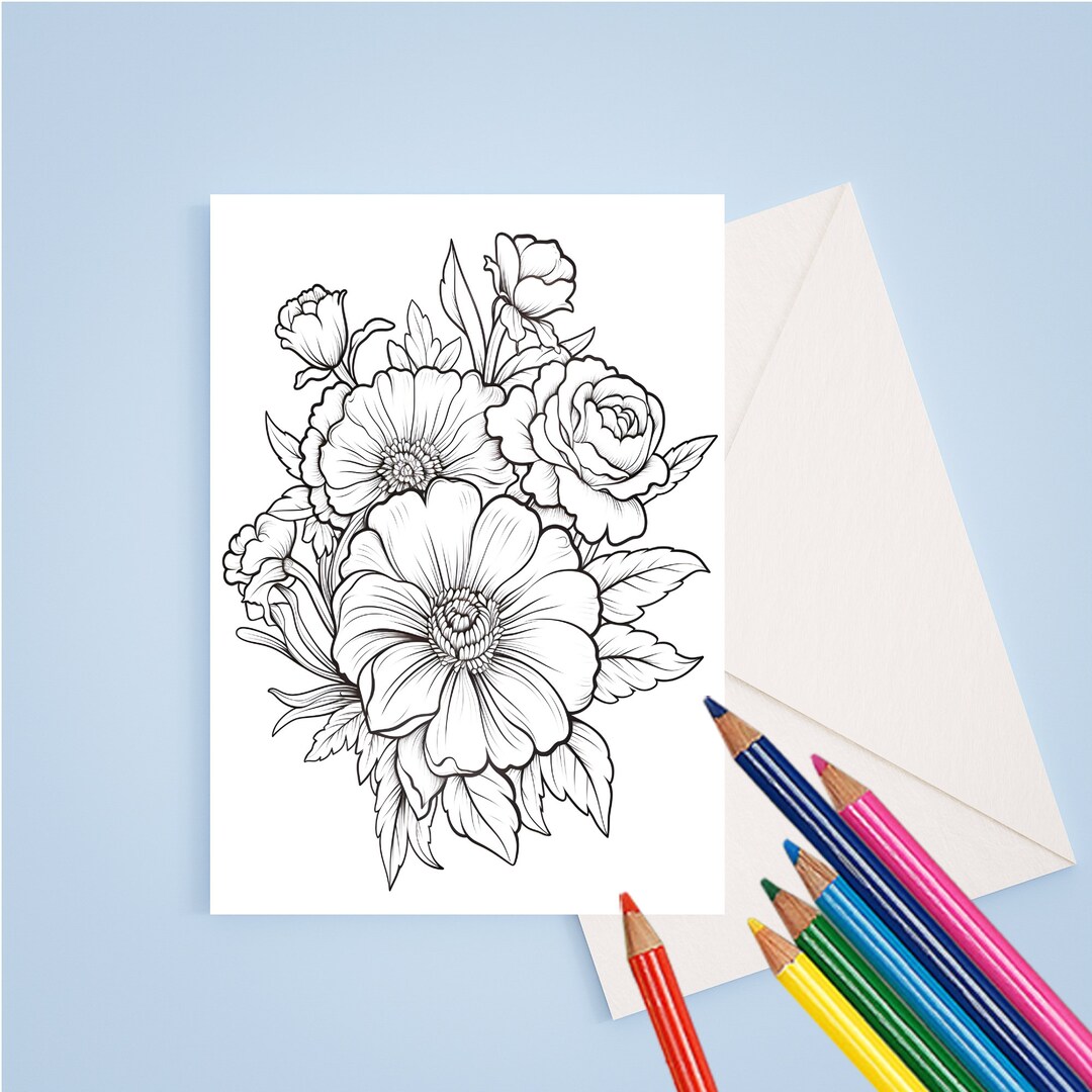 Floral Coloring Cards 5 X 7 Stationary Set Adult Coloring Cards, With ...