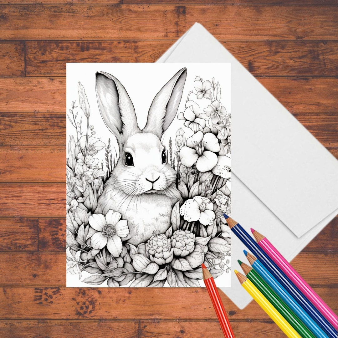 Rabbit Flower Garden Coloring Cards: DIY Greeting Card Kit With ...