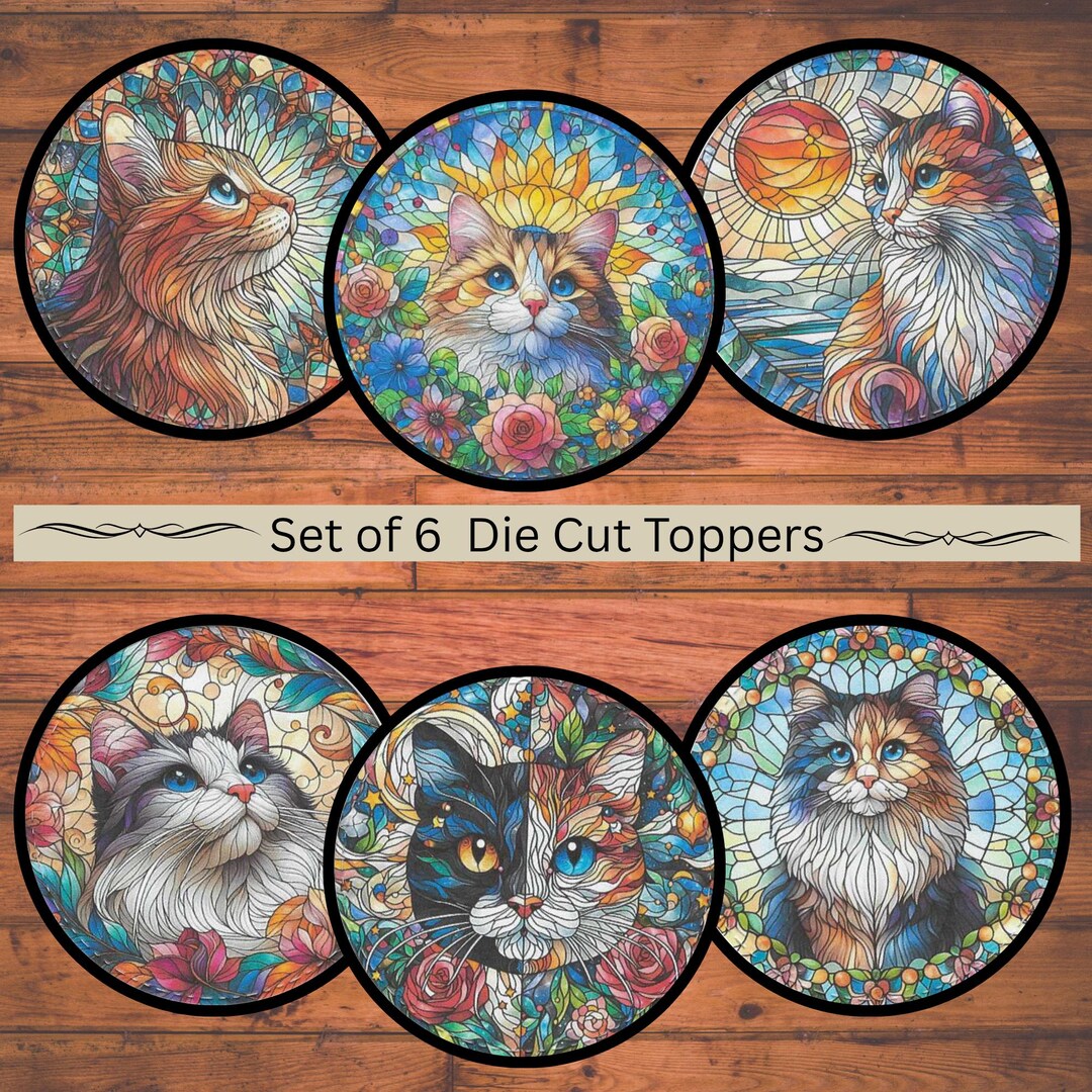 Stained Glass Cats Die Cut Card Toppers, Card Making Supplies, Junk ...