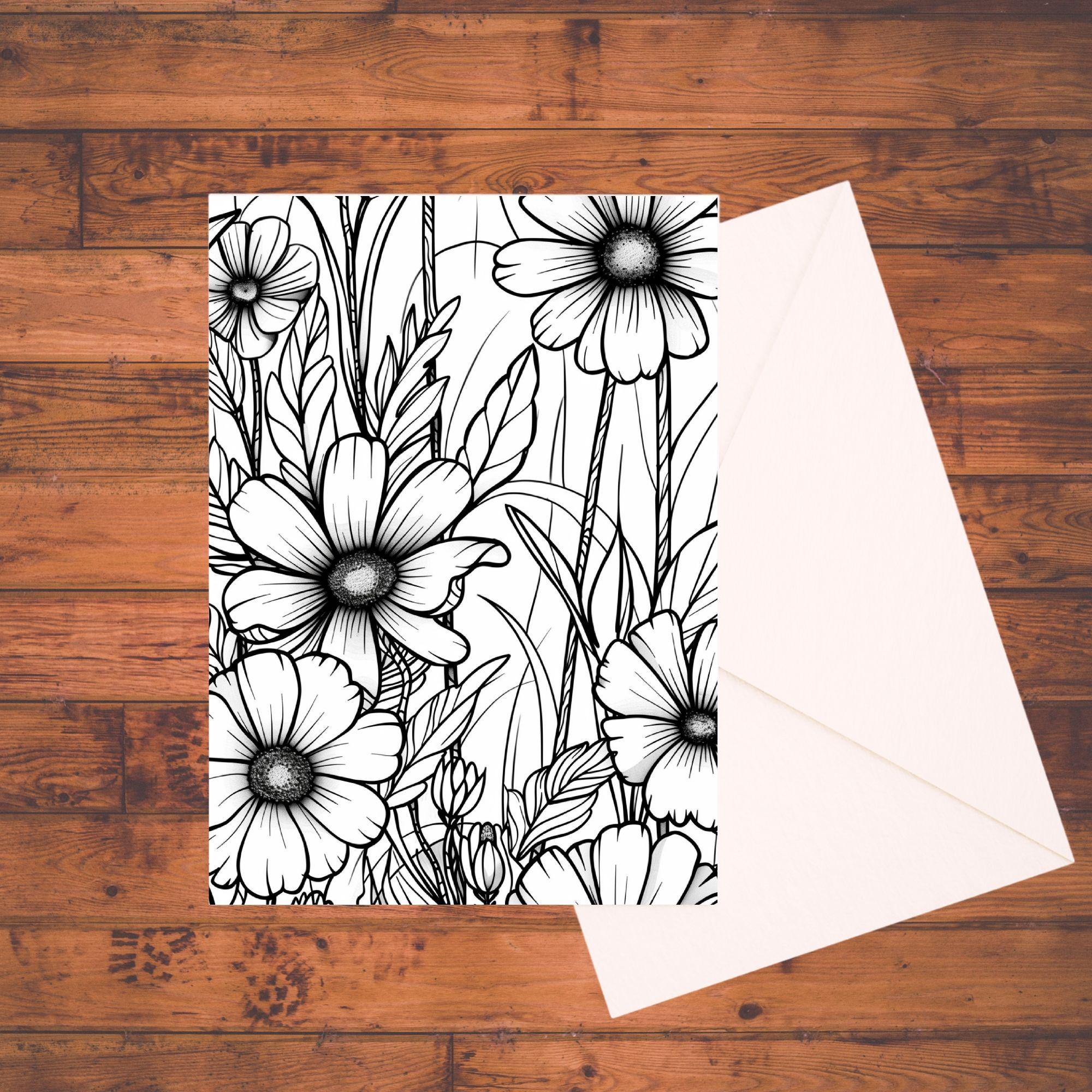 Wildflower Coloring Cards: 5x7 Blank DIY Greeting Card Set With ...