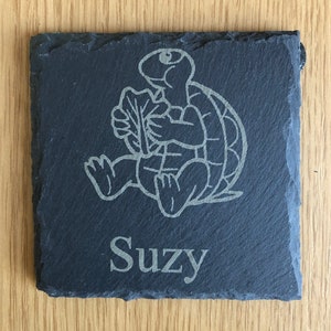 Personalised engraved tortoise feeding slate or coaster unique gift  - 4 designs available