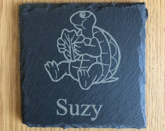 Personalised engraved tortoise feeding slate or coaster unique gift  - 4 designs available