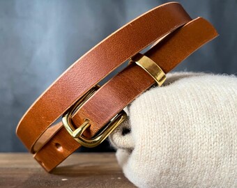 Tie Belt With Gold O Ring Buckle Tan Full Grain Leather Thin  display picture 2