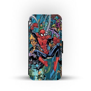 Portemonnee-telefoonhoes met kaartinzet, gepersonaliseerd telefoonhoesje, Marvel, Avengers, vintage Spiderman Comic - voeg je naam toe