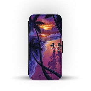 Portemonnee-telefoonhoes met kaartinzet, gepersonaliseerd telefoonhoesje, Disney Mickey Mouse en Minnie Mouse op het strand - voeg je naam toe!