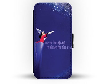 Wallet Phone Cover with Card Inserts, Custom Phone Case, Disney Mickey Mouse Magician, "Never be afraid to shoot for the stars"