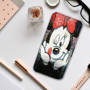 Funda de teléfono personalizada de piel sintética con tarjetero, diseño de Minnie Mouse de Disney.