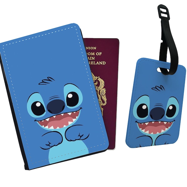 Personalised Passport Cover and Luggage Tag, Disney Travel Set, Cute Stitch - Add your name!