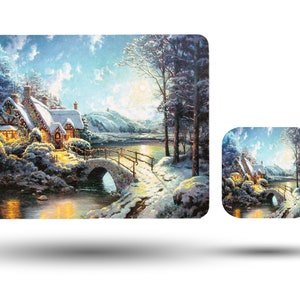Personalised High Gloss Table Mat, Placement and Drink Coaster Set, Custom Gift with Name, Christmas, Winter Wonderland
