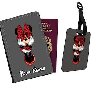 Gepersonaliseerde paspoorthoes en bagagelabel, Disney Minnie Mouse met jouw naam, reisaccessoireset, gepersonaliseerd cadeau voor haar